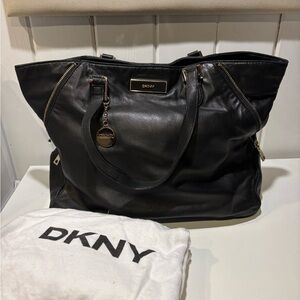 DKNY Soft Black Leather Purse Shoulder Bag with Side Zippers